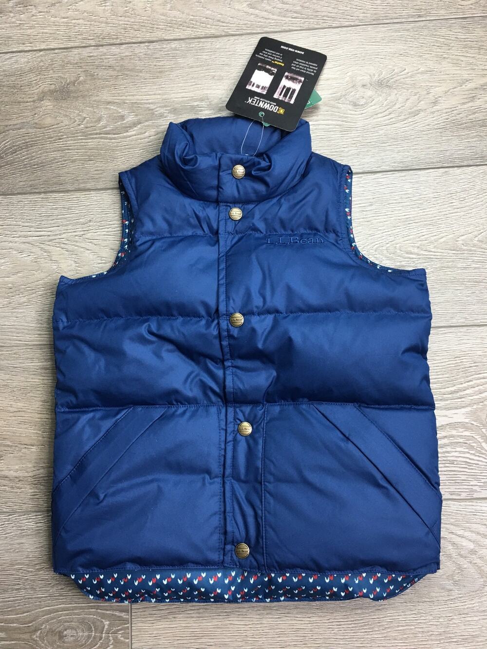 LL Bean Kids Down Field Vest Medium 5-6 Blue Heart Pattern NWT DownTek Puffer